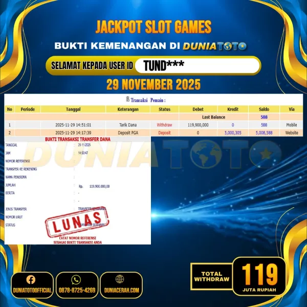 DUNIATOTO  JACKPOT SLOT GAMES Rp.119.000.000 - LUNAS USER ID :  TUND***