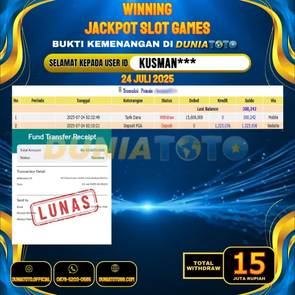 DUNIATOTO JACKPOT SLOT GAMES Rp.15.000.000 - LUNAS USER ID : KUSMAN***