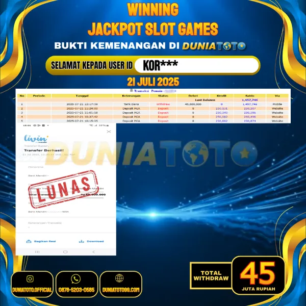 DUNIATOTO JACKPOT SLOT GAMES Rp.45.000.000 - LUNAS USER ID : KOR***