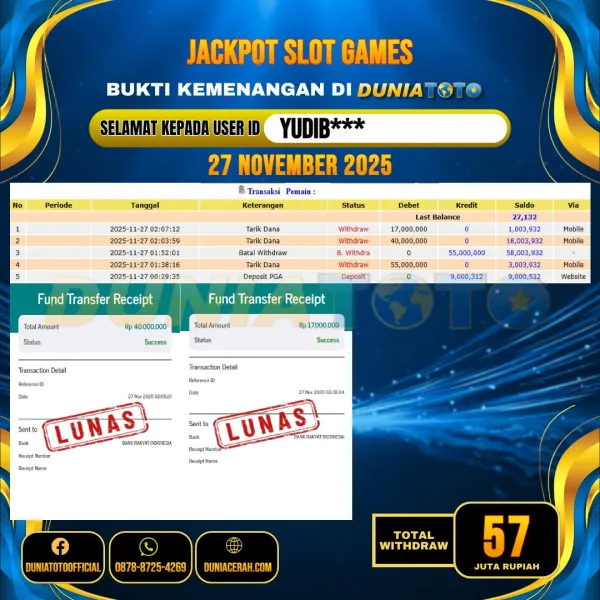 DUNIATOTO JACKPOT SLOT GAMES Rp.57.000.000 - LUNAS USER ID :  YUDIB***