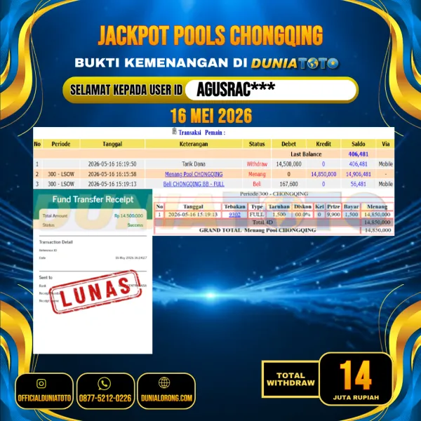 DUNIATOTO  JACKPOT POOLS CHONGQING Rp.14.000.000 - LUNAS USER ID :  AGUSRAC***