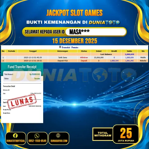  DUNIATOTO  JACKPOT SLOT GAMES Rp.25.000.000 - LUNAS USER ID :  MASA***