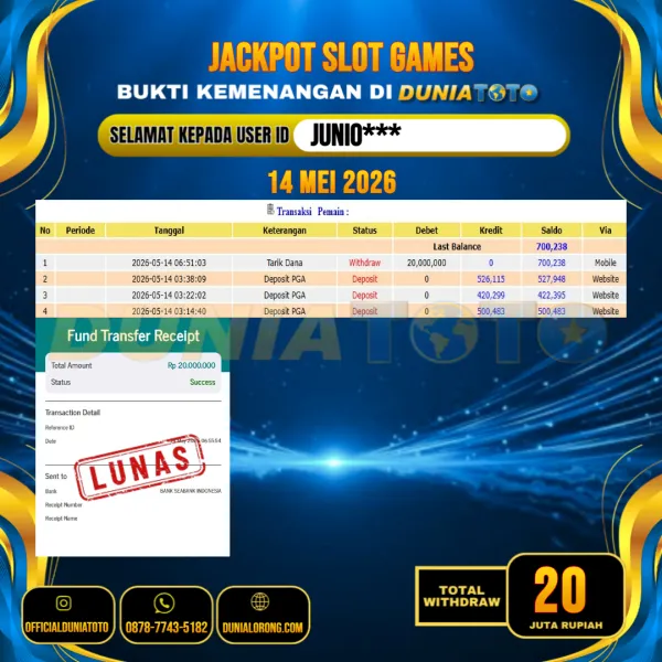 DUNIATOTO  JACKPOT SLOT GAMES Rp.20.000.000 - LUNAS USER ID :  JUNIO***