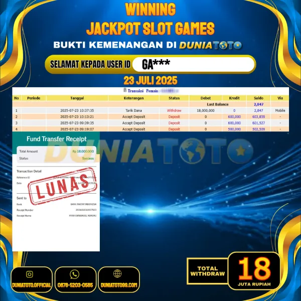 DUNIATOTO JACKPOT SLOT GAMES Rp.18.000.000 - LUNAS USER ID : GA***