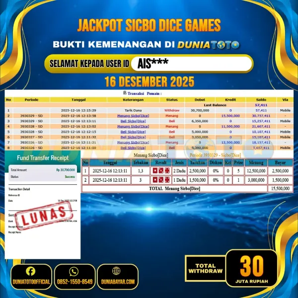  DUNIATOTO JACKPOT LIVE GAMES SICBO DICES Rp.30.000.000 - LUNAS USER ID :  AIS***