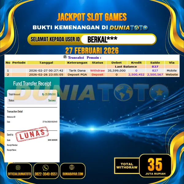  DUNIATOTO JACKPOT SLOT GAMES Rp.35.000.000 - LUNAS USER ID : BERKAL***
