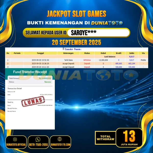 DUNIATOTO JACKPOT SLOT GAMES Rp.13.000.000 - LUNAS USER ID : SAROYE***