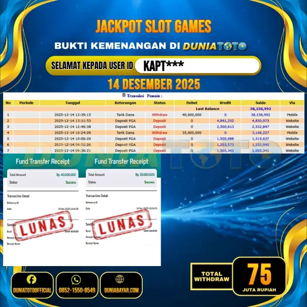  DUNIATOTO  JACKPOT SLOT GAMES Rp.75.000.000 - LUNAS USER ID :  KAPT***