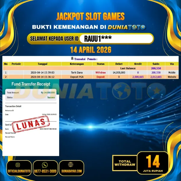 DUNIATOTO JACKPOT SLOT GAMES Rp.14.000.000 - LUNAS USER ID : RAUU1***