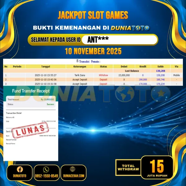    DUNIATOTO JACKPOT SLOT GAMES Rp.15.000.000 - LUNAS USER ID :  ANT***