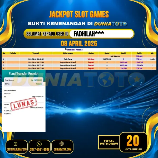 DUNIATOTO JACKPOT SLOT GAMES Rp.20.000.000 - LUNAS USER ID : FADHILAH***
