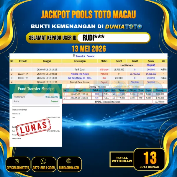 DUNIATOTO  JACKPOT POOLS TOTO MACAU Rp.13.000.000 - LUNAS USER ID :  RUDI***