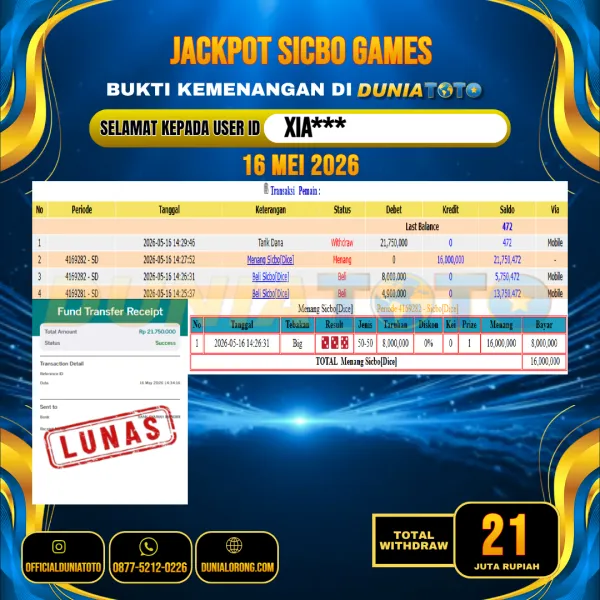 DUNIATOTO  JACKPOT SICBO GAMES Rp.21.000.000 - LUNAS USER ID :  XIA***