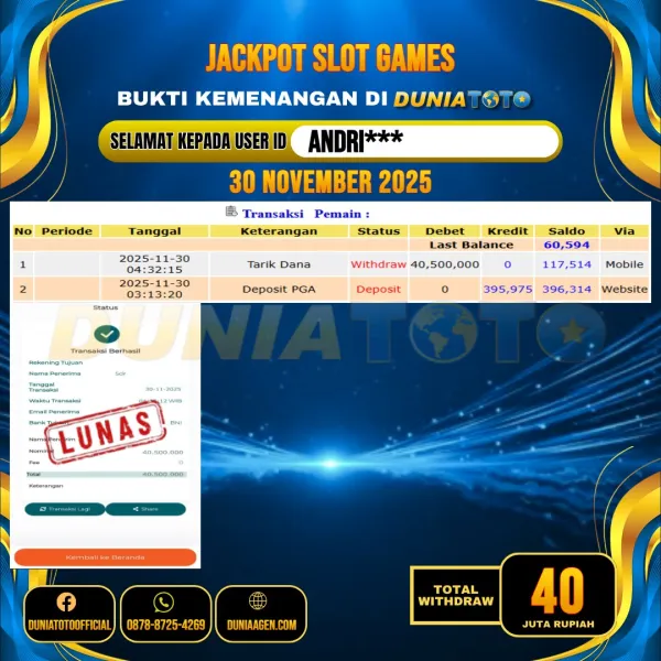 DUNIATOTO  JACKPOT SLOT GAMES Rp.40.000.000 - LUNAS USER ID :  ANDRI***