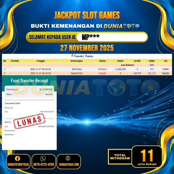 DUNIATOTO JACKPOT SLOT GAMES Rp.11.000.000 - LUNAS USER ID :  MP***