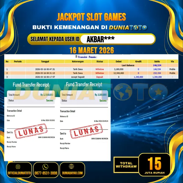  DUNIATOTO  JACKPOT SLOT GAMES Rp.15.000.000 - LUNAS USER ID : AKBAR***