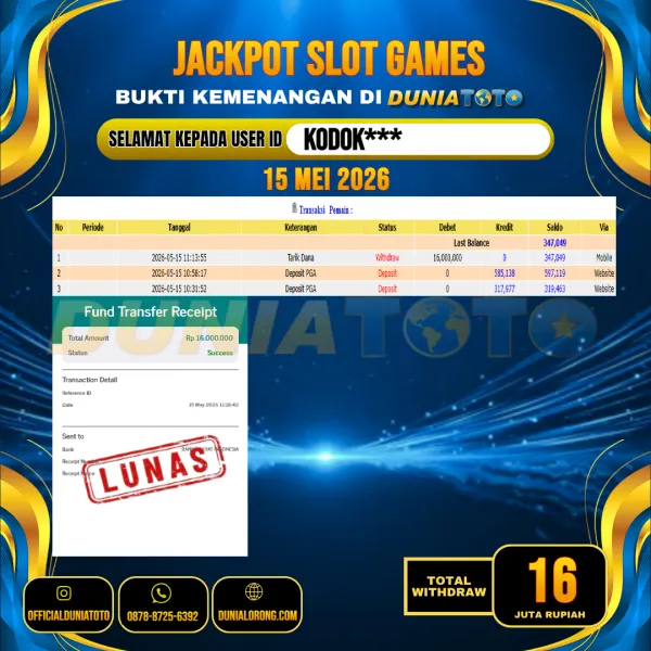 DUNIATOTO  JACKPOT SLOT GAMES Rp.16.000.000 - LUNAS USER ID :  KODOK***