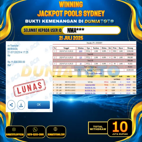 DUNIATOTO JACKPOT TOGEL SYDNEY Rp.10.000.000 - LUNAS USER ID : NMA***