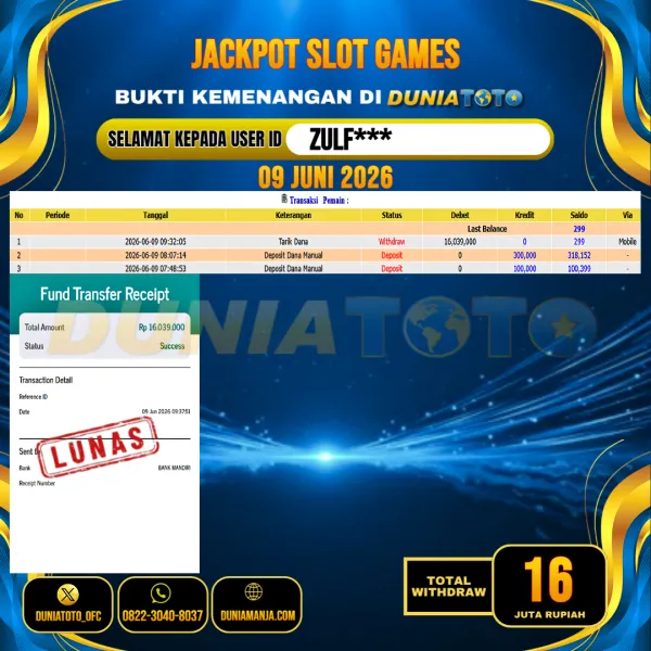 DUNIATOTO  JACKPOT SLOT GAMES Rp.16.000.000 - LUNAS USER ID : ZULF***