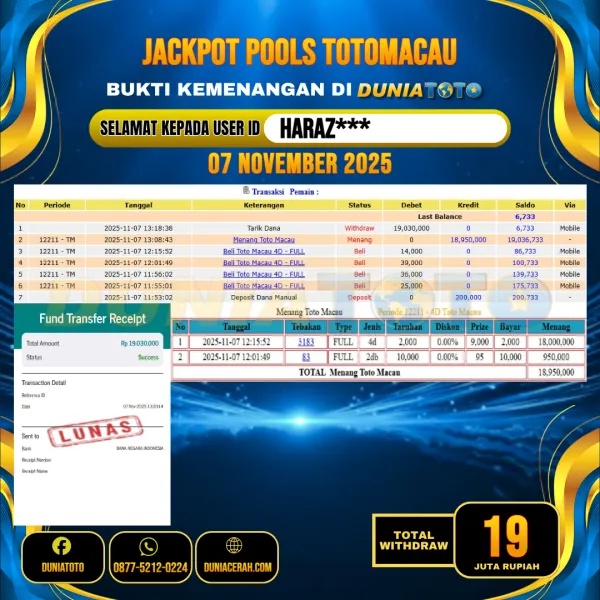    DUNIATOTO  JACKPOT TOGEL TOTOMACAU 4D Rp.19.000.000 - LUNAS USER ID :  HARAZ***