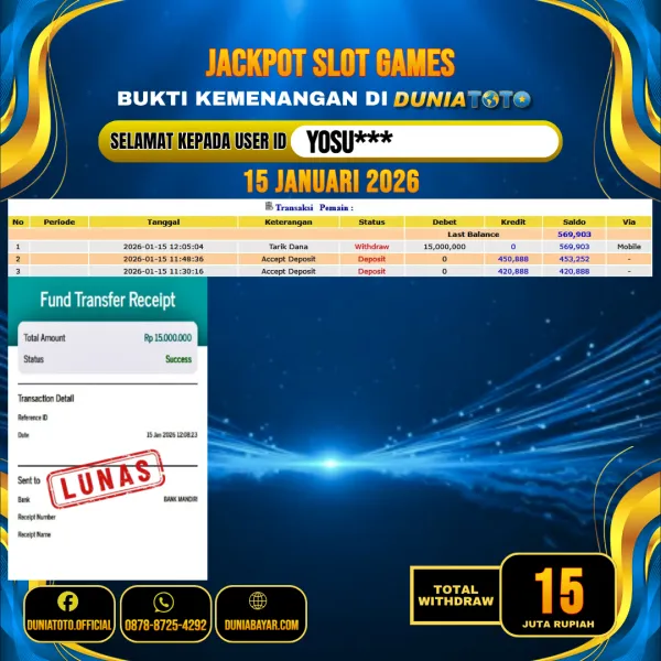DUNIATOTO JACKPOT SLOT GAMES Rp.15.000.000 - LUNAS USER ID : YOSU***