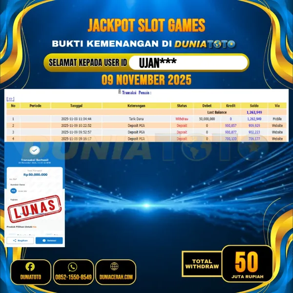    DUNIATOTO JACKPOT SLOT GAMES Rp.50.000.000 - LUNAS USER ID :  UJAN***