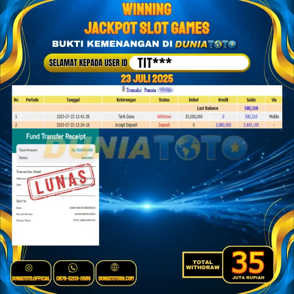 DUNIATOTO JACKPOT SLOT GAMES Rp.35.000.000 - LUNAS USER ID : TIT***