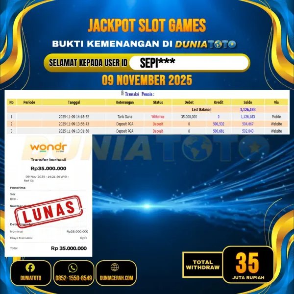    DUNIATOTO JACKPOT SLOT GAMES Rp.35.000.000 - LUNAS USER ID :  SEPI***