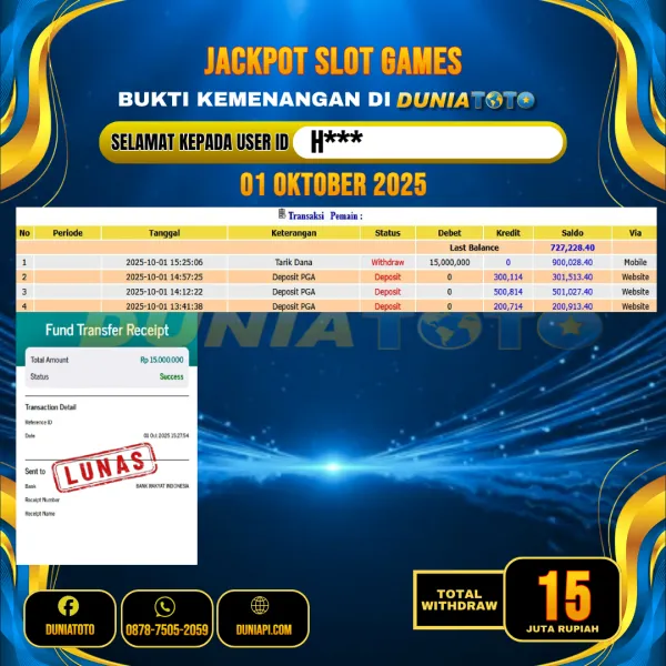 DUNIATOTO   JACKPOT  SLOT GAMES Rp.15.000.000 - LUNAS USER ID : H***