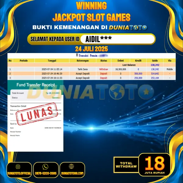 DUNIATOTO JACKPOT SLOT GAMES Rp.18.000.000 - LUNAS USER ID : AIDIL***