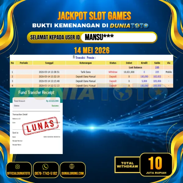 DUNIATOTO  JACKPOT SLOT GAMES Rp.10.000.000 - LUNAS USER ID :  MANSU***