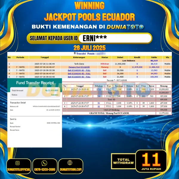DUNIATOTO JACKPOT TOGEL ECUADOR Rp.11.000.000 - LUNAS USER ID : ERNI***