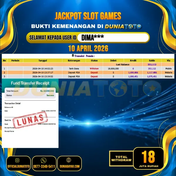 DUNIATOTO JACKPOT SLOT GAMES Rp.18.000.000 - LUNAS USER ID : DIMA***