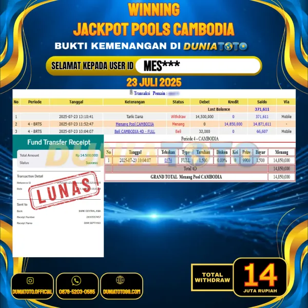 DUNIATOTO JACKPOT TOGEL CAMBODIA Rp.14.000.000 - LUNAS USER ID : MES***