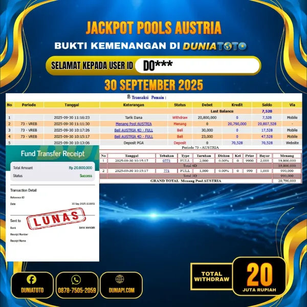   DUNIATOTO  JACKPOT  TOGEL AUSTRIA Rp.20.000.000 - LUNAS USER ID : DO***