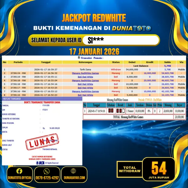 DUNIATOTO JACKPOT LIVE GAMES REDWHITE Rp.54.000.000 - LUNAS USER ID : SI***