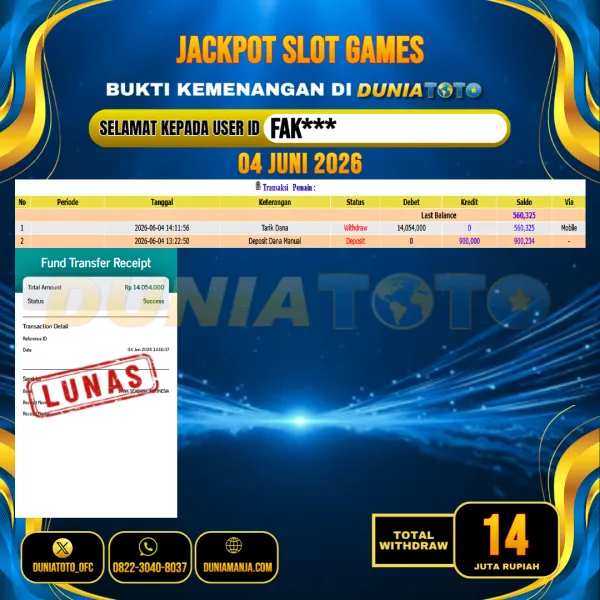 DUNIATOTO  JACKPOT SLOT GAMES Rp.14.000.000 - LUNAS USER ID : FAK***