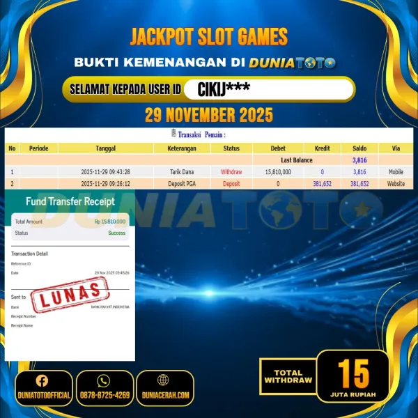 DUNIATOTO JACKPOT SLOT GAMES Rp.15.000.000 - LUNAS USER ID :  CIKIJ***