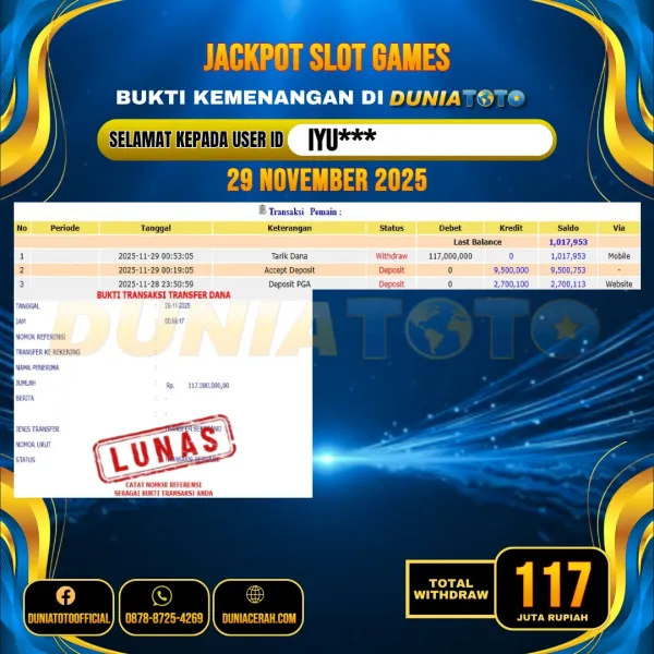 DUNIATOTO JACKPOT SLOT GAMES Rp.117.000.000 - LUNAS USER ID :  IYU***