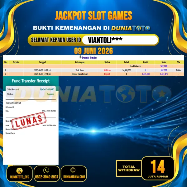 DUNIATOTO  JACKPOT SLOT GAMES Rp.14.000.000 - LUNAS USER ID : VIANTOLI***