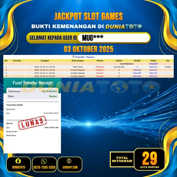  DUNIATOTO  JACKPOT  SLOT GAMES Rp.29.000.000 - LUNAS USER ID  : MUG***
