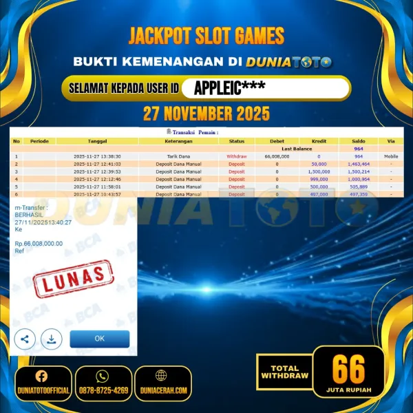 DUNIATOTO JACKPOT SLOT GAMES Rp.66.000.000 - LUNAS USER ID :  APPLEIC***