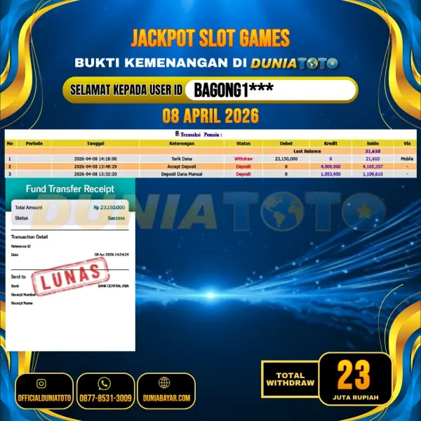 DUNIATOTO JACKPOT SLOT GAMES Rp.23.000.000 - LUNAS USER ID : BAGONG1***