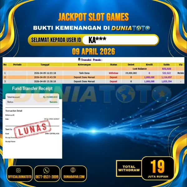 DUNIATOTO JACKPOT SLOT GAMES Rp.19.000.000 - LUNAS USER ID : KA***