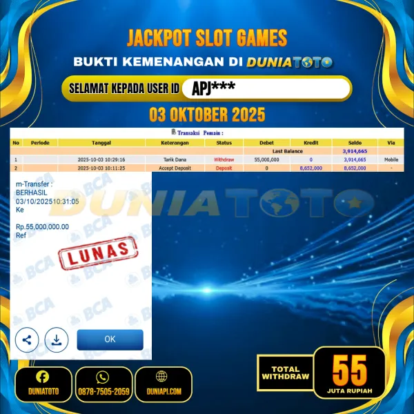  DUNIATOTO  JACKPOT  SLOT GAMES Rp.55.000.000 - LUNAS USER ID  : APJ***