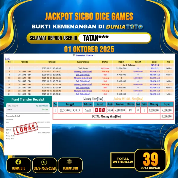 DUNIATOTO   JACKPOT  LIVE GAMES SICBO DICE Rp.39.000.000 - LUNAS USER ID : TATAN***