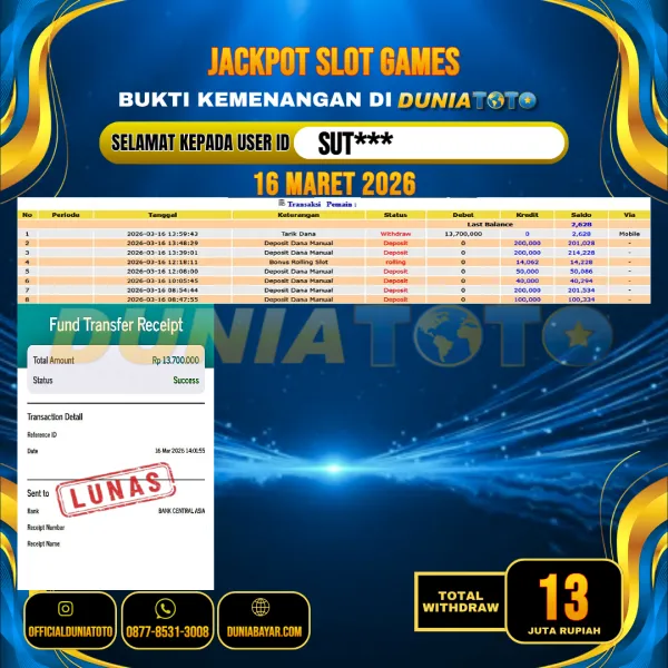  DUNIATOTO  JACKPOT SLOT GAMES Rp.13.000.000 - LUNAS USER ID : SUT***