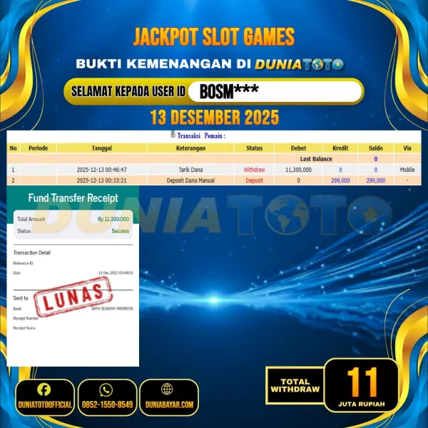  DUNIATOTO  JACKPOT SLOT GAMES Rp.11.000.000 - LUNAS USER ID :  BOSM***