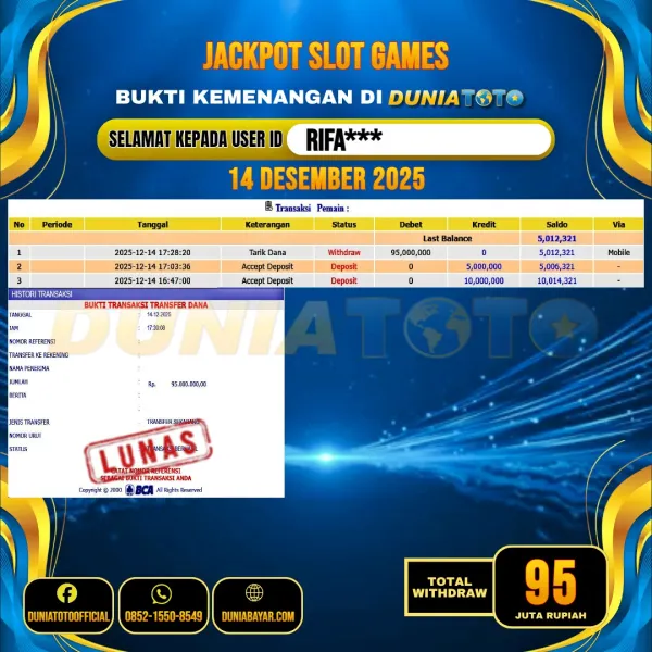  DUNIATOTO  JACKPOT SLOT GAMES Rp.95.000.000 - LUNAS USER ID :  RIFA***