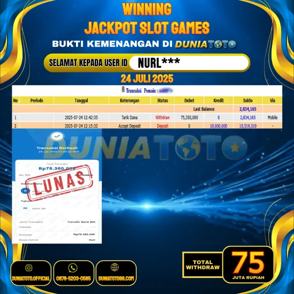 DUNIATOTO JACKPOT SLOT GAMES Rp.75.000.000 - LUNAS USER ID : NURL***